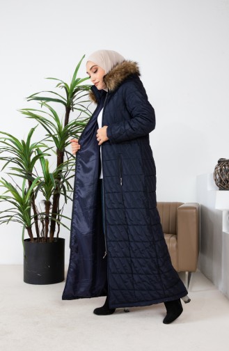 Furry Long Quilted Coat 505324-03 Navy Blue 505324-03