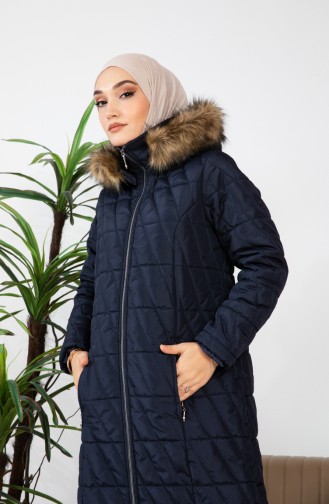 Furry Long Quilted Coat 505324-03 Navy Blue 505324-03