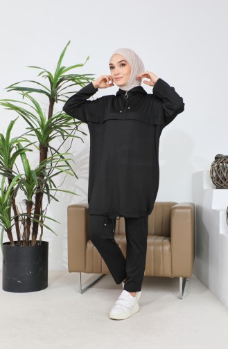 Kapüşonlu Tunik Pantolon İkili Takım 4437-01 Siyah