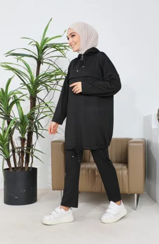 طقم ثنائي بقبعة تونيك بنطلون 4437-01 أسود 4437-01