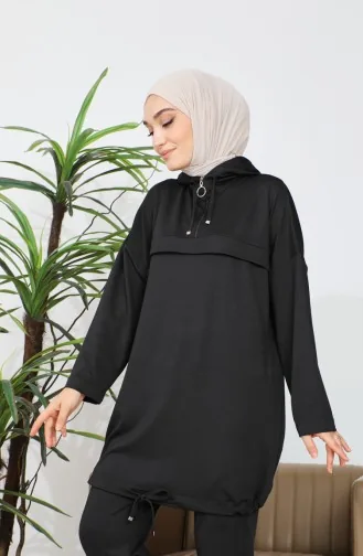طقم ثنائي بقبعة تونيك بنطلون 4437-01 أسود 4437-01
