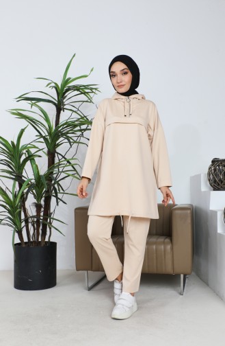 Kapüşonlu Tunik Pantolon İkili Takım 4437-02 Taş