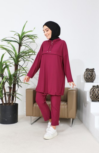 Kapüşonlu Tunik Pantolon İkili Takım 4437-03 Mürdüm