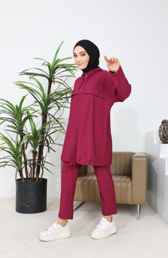 Kapüşonlu Tunik Pantolon İkili Takım 4437-03 Mürdüm