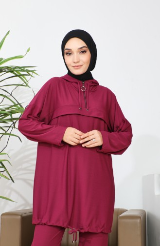 Kapüşonlu Tunik Pantolon İkili Takım 4437-03 Mürdüm