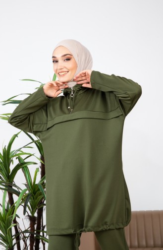 Kapüşonlu Tunik Pantolon İkili Takım 4437-05 Haki Yeşil