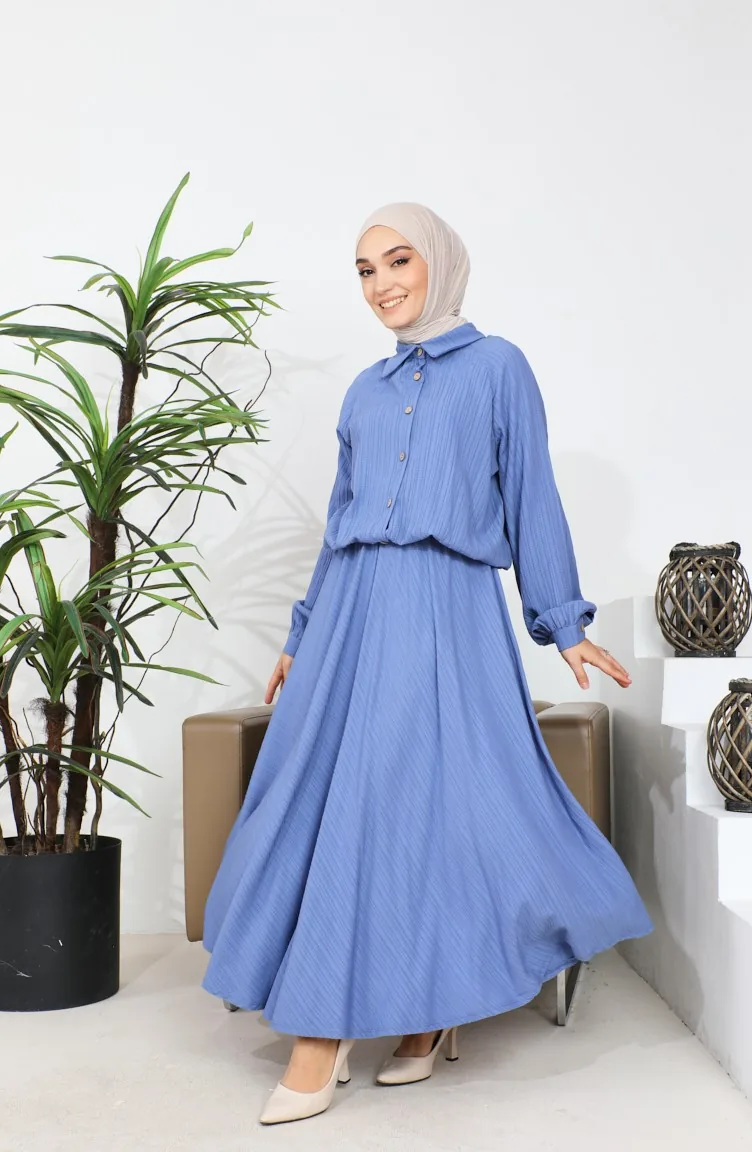 طقم تنورة وبلوزة وأزرار 0196-02 لون نيلي 0196-02