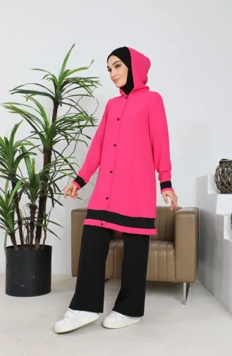 Aerobin Kumaş Kapüşonlu Tunik Bluz İkili Takım 9115-03 Fuşya