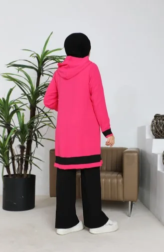 Aerobin Kumaş Kapüşonlu Tunik Bluz İkili Takım 9115-03 Fuşya