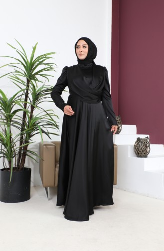 فستان سهرة ساتان بتصيم رايات 6059-09 أسود 6059-09