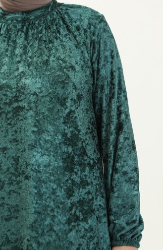 Büzgülü Kadife Elbise 0197-07 Zümrüt Yeşili