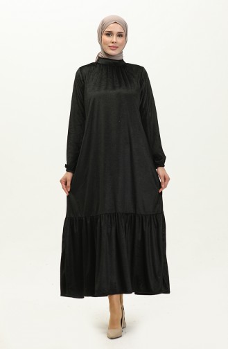 Büzgülü Kadife Elbise 0197A-01 Siyah