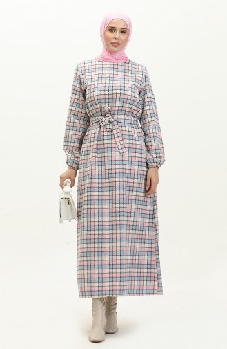 Plaid Patterned Belted Dress 0198-02 Powder 0198-02