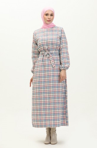 Plaid Patterned Belted Dress 0198-02 Powder 0198-02