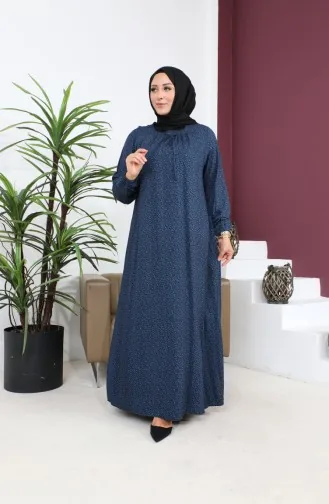 Kadin Buyuk Beden Çıtır Desen Uzun Anne Günlük Elbise 8408 4 Mavi