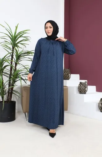 Kadin Buyuk Beden Çıtır Desen Uzun Anne Günlük Elbise 8408 4 Mavi