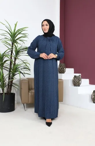 Kadin Buyuk Beden Çıtır Desen Uzun Anne Günlük Elbise 8408 4 Mavi
