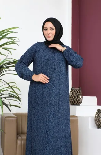 Kadin Buyuk Beden Çıtır Desen Uzun Anne Günlük Elbise 8408 4 Mavi