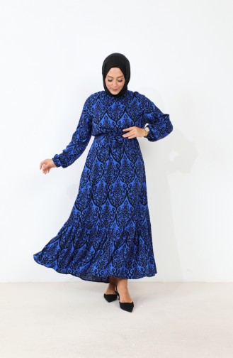 Women`s Magnificent Collar Plus Size Dress Hijab Viscose Fabric Pleated And Pleated Dress 8686 Blue 8686.Mavi