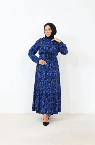 Women`s Magnificent Collar Plus Size Dress Hijab Viscose Fabric Pleated And Pleated Dress 8686 Blue 8686.Mavi