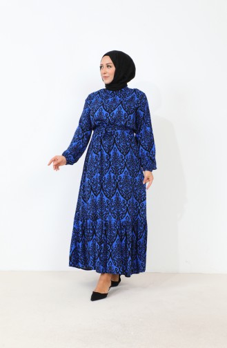 Dames Prachtige Kraag Plus Maat Jurk Hijab Viscose Stof Geplooide En Geplooide Jurk 8686 Blauw 8686.Mavi