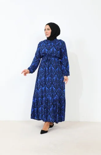 Women`s Magnificent Collar Plus Size Dress Hijab Viscose Fabric Pleated And Pleated Dress 8686 Blue 8686.Mavi
