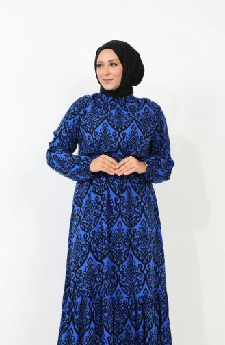 Women`s Magnificent Collar Plus Size Dress Hijab Viscose Fabric Pleated And Pleated Dress 8686 Blue 8686.Mavi