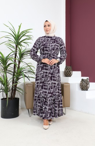 Women`s Magnificent Collar Plus Size Dress Hijab Viscose Fabric Pleated And Pleated Dress 8686 Plum 8686.Mürdüm
