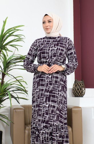 Women`s Magnificent Collar Plus Size Dress Hijab Viscose Fabric Pleated And Pleated Dress 8686 Plum 8686.Mürdüm