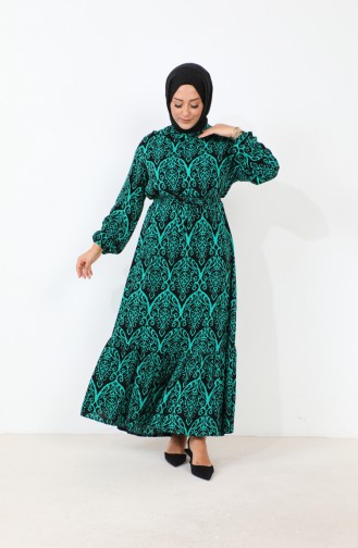 Women`s Magnificent Collar Plus Size Dress Hijab Viscose Fabric Pleated And Pleated Dress 8686 Emerald Green 8686.ZÜMRÜT YEŞİLİ