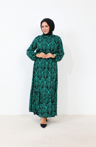 Women`s Magnificent Collar Plus Size Dress Hijab Viscose Fabric Pleated And Pleated Dress 8686 Emerald Green 8686.ZÜMRÜT YEŞİLİ