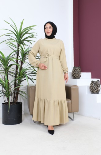 Plus Size Jurk Lange Mouw Dames Hijab Jurk Geplooid 8690 Beige 8690.Bej