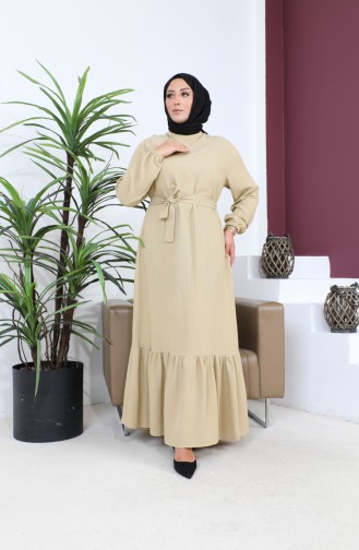 Plus Size Dress Long Sleeve Women`s Hijab Dress Pleated 8690 Beige 8690.Bej