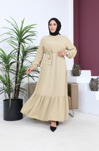 Plus Size Dress Long Sleeve Women`s Hijab Dress Pleated 8690 Beige 8690.Bej