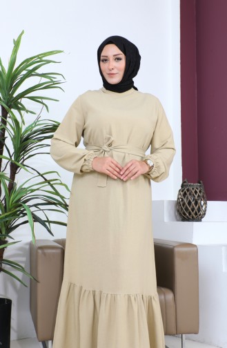 Plus Size Dress Long Sleeve Women`s Hijab Dress Pleated 8690 Beige 8690.Bej