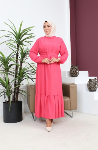 Robe Grande Taille à Manches Longues Pour Femme Robe Hijab Plissée 8690 Fuchsia 8690.FUŞYA