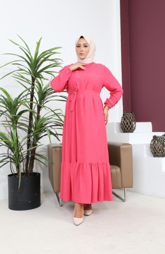 فستان مقاس كبير فستان حجاب نسائي بأكمام طويلة مطوي 8690 فوشيا 8690.FUŞYA