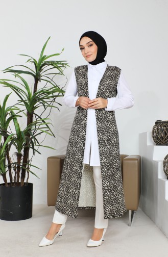 Leopar Desenli Uzun Yelek 8657-01 Kahverengi