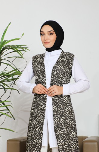 Leopar Desenli Uzun Yelek 8657-01 Kahverengi