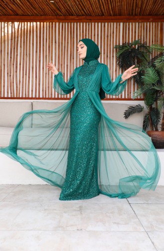 Robe De Soirée Détail Tulle 6383-01 Vert Emeraude 6383-01