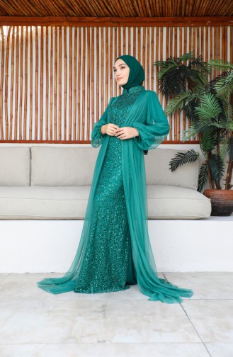 Robe De Soirée Détail Tulle 6383-01 Vert Emeraude 6383-01