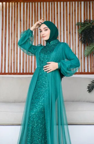 Tül Detaylı Abiye Elbise 6383-01 Zümrüt Yeşili