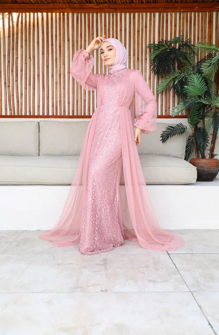 Abendkleid Mit Tülldetails 6383-02 Puder 6383-02