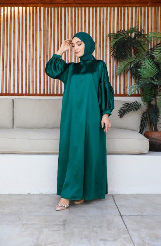 Balloon Sleeve Satin Dress 0193-05 Emerald Green 0193-05