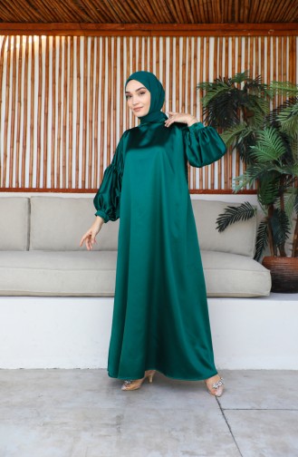 Balloon Sleeve Satin Dress 0193-05 Emerald Green 0193-05