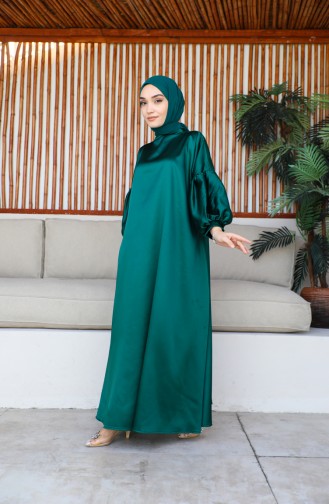 Robe Satin Manches Ballon 0193-05 Vert Emeraude 0193-05