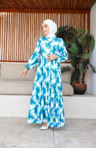 فستان شيفون بتصميم مُطبع 0195-02 لون إكرو أخضر 0195-02