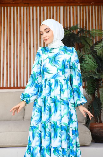 فستان شيفون بتصميم مُطبع 0195-02 لون إكرو أخضر 0195-02