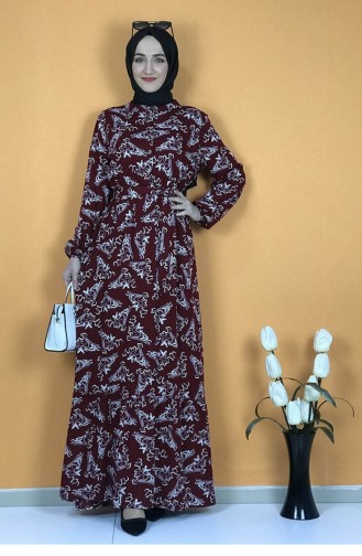 Belted Patterned Hijab Dress 0241A-02 Claret Red White 0241A-02