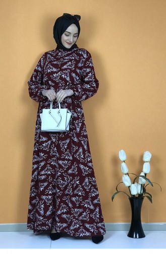 Belted Patterned Hijab Dress 0241A-02 Claret Red White 0241A-02